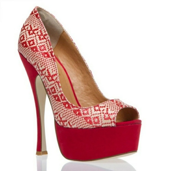 Shoe Dazzle Shoes - Red & Cream Woven Platform Heels